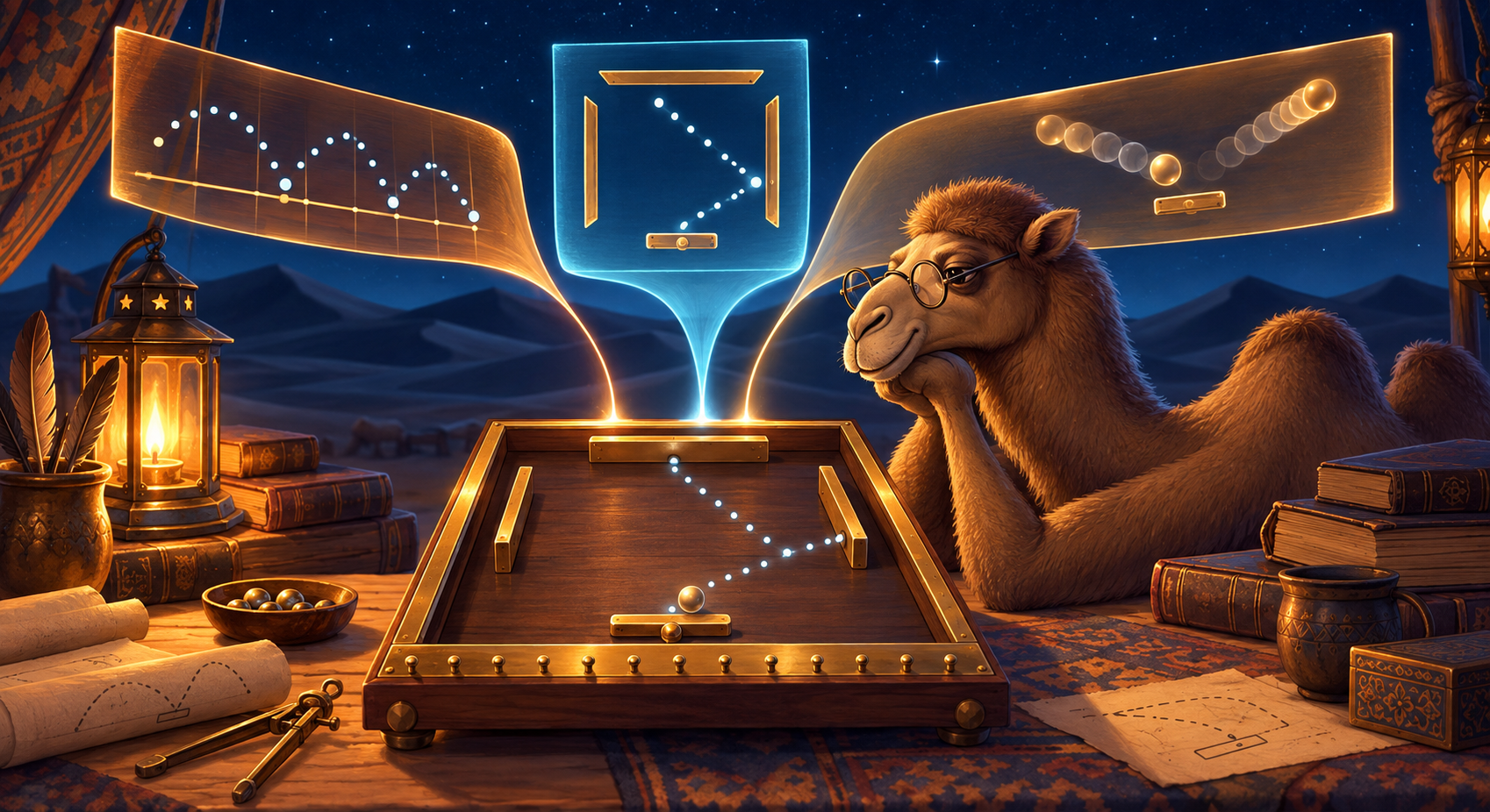 A camel studies three views of a tabletop paddle game