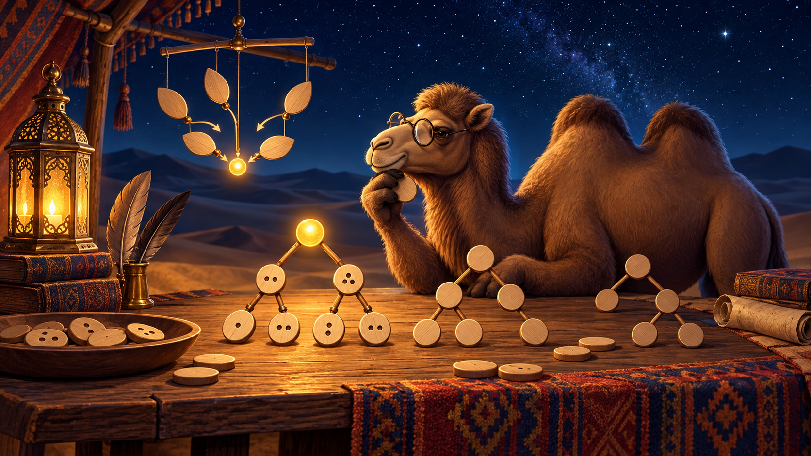 A camel assembles expression trees in a lamplit workshop