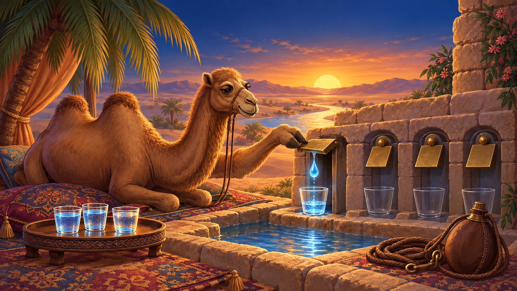 A camel opens a sluice to draw one cup of water